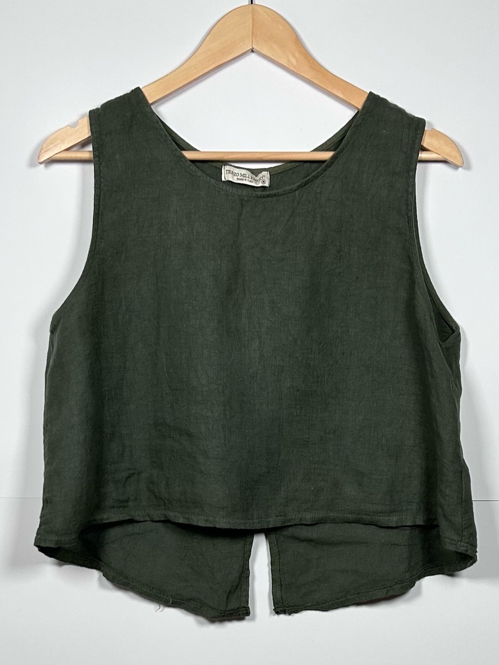 Terzo Millennio 100% Linen Sleeveless Button Back Top Lagenlook Olive Green M